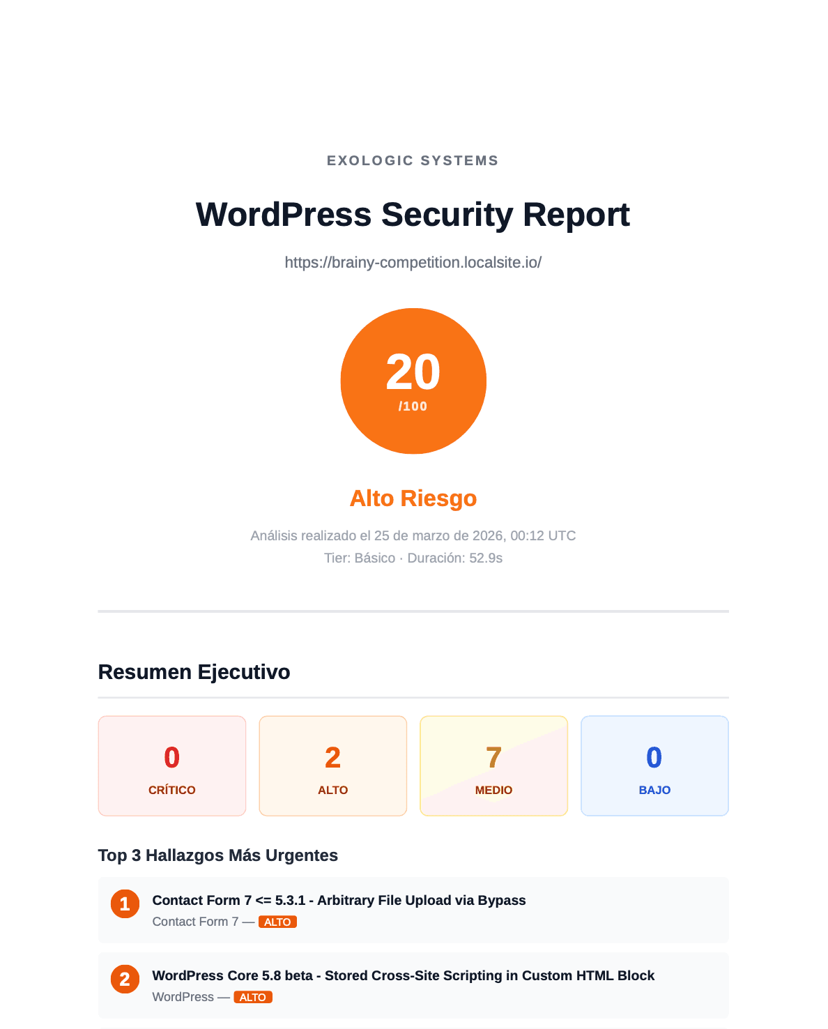 Vista previa del reporte de seguridad ExoScan WP
